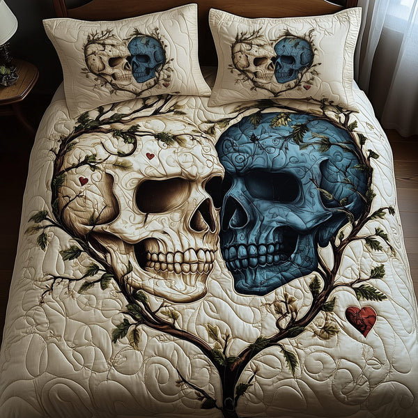 Skull Couple quilted 3-piece bedding set on a made bed against a dark styled interior