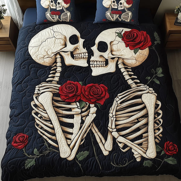 Skull Couple quilted 3-piece bedding set on a made bed against a dark styled interior
