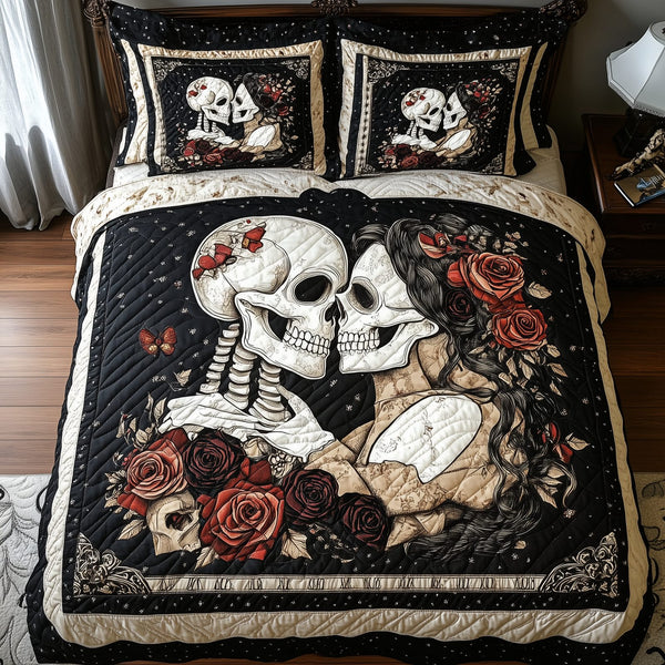 Skull Couple quilted 3-piece bedding set on a made bed against a dark styled interior