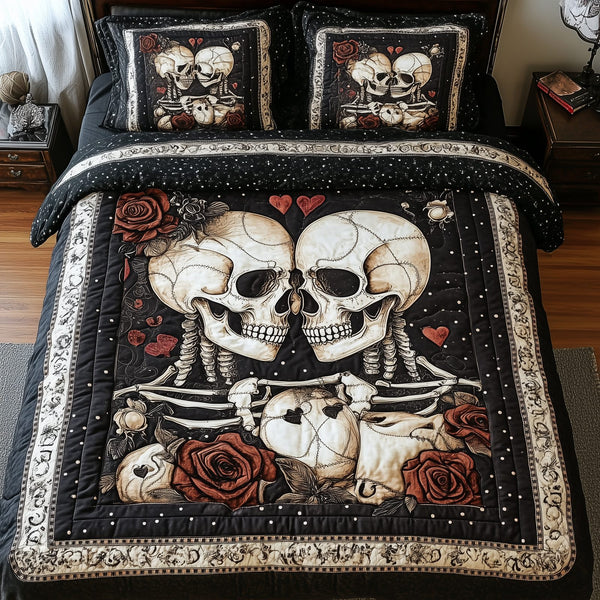 Skull Couple quilted 3-piece bedding set on a made bed against a dark styled interior