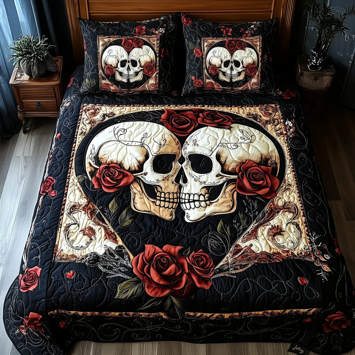 Skull Couple quilted 3-piece bedding set on a made bed against a dark styled interior