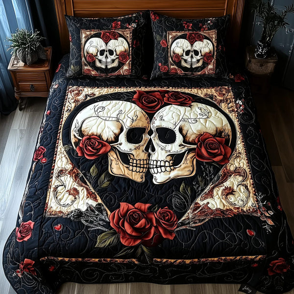 Skull Couple quilted 3-piece bedding set on a made bed against a dark styled interior