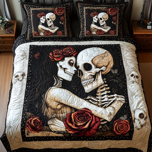 Skull Couple quilted 3-piece bedding set on a made bed against a dark styled interior