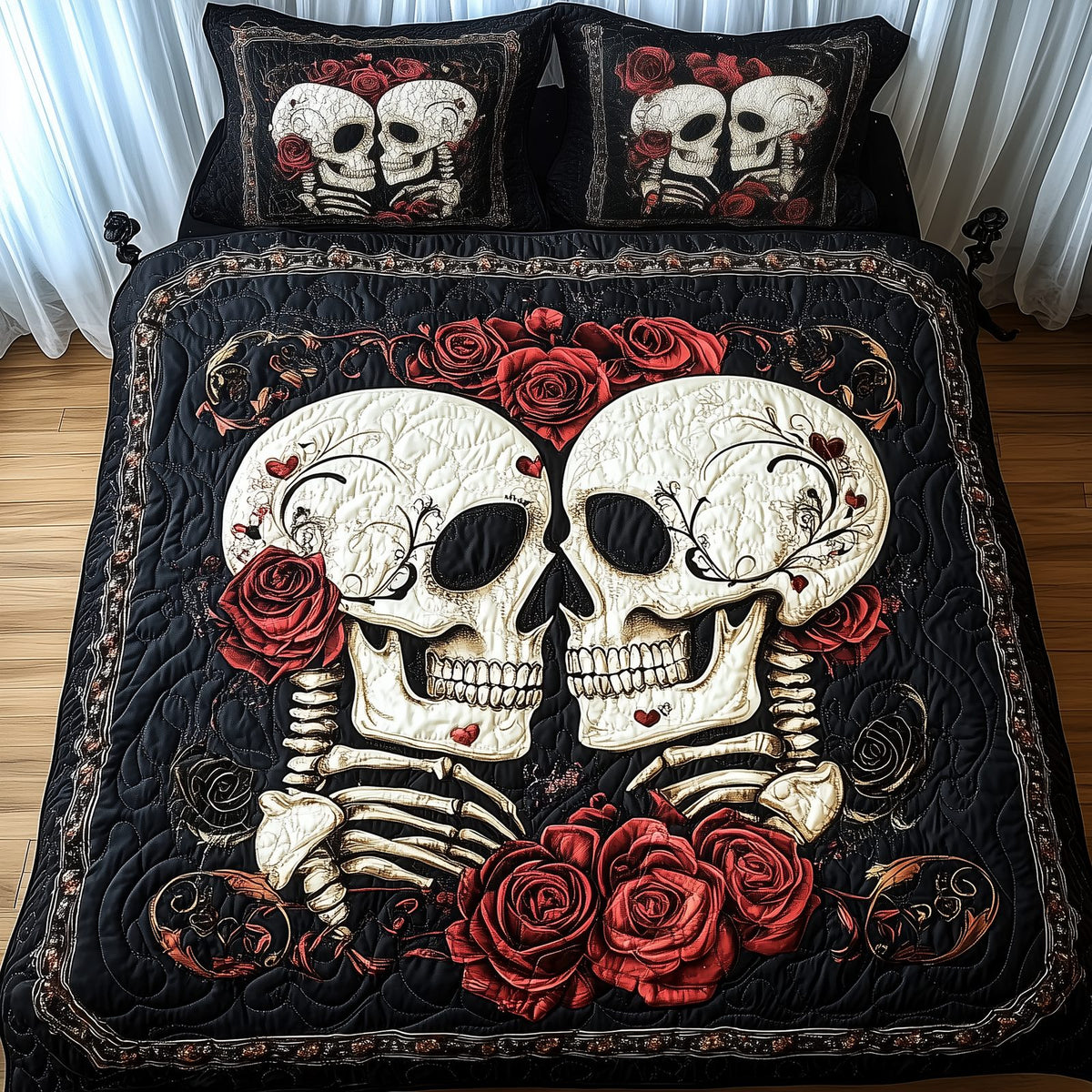 Skull Couple quilted 3-piece bedding set on a made bed against a dark styled interior