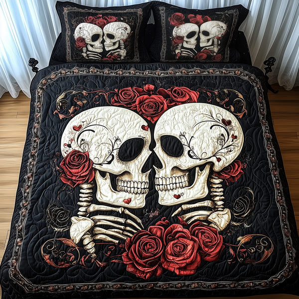 Skull Couple quilted 3-piece bedding set on a made bed against a dark styled interior