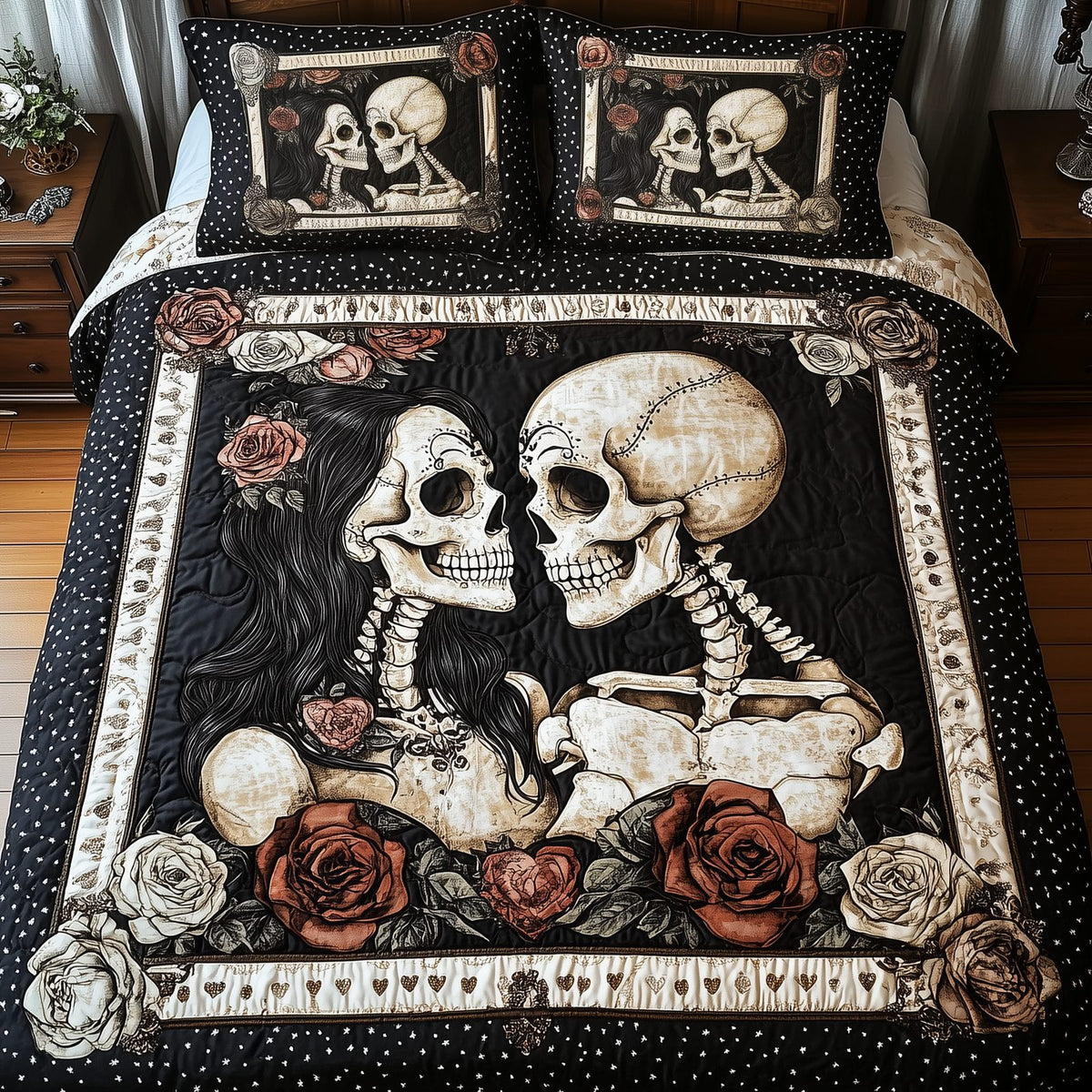 Skull Couple quilted 3-piece bedding set on a made bed against a dark styled interior