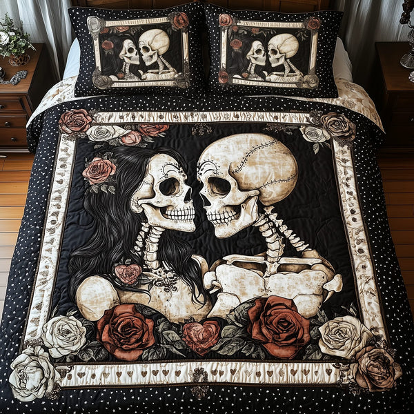 Skull Couple quilted 3-piece bedding set on a made bed against a dark styled interior
