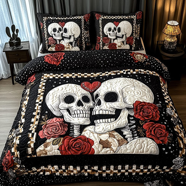 Skull Couple quilted 3-piece bedding set on a made bed against a dark styled interior