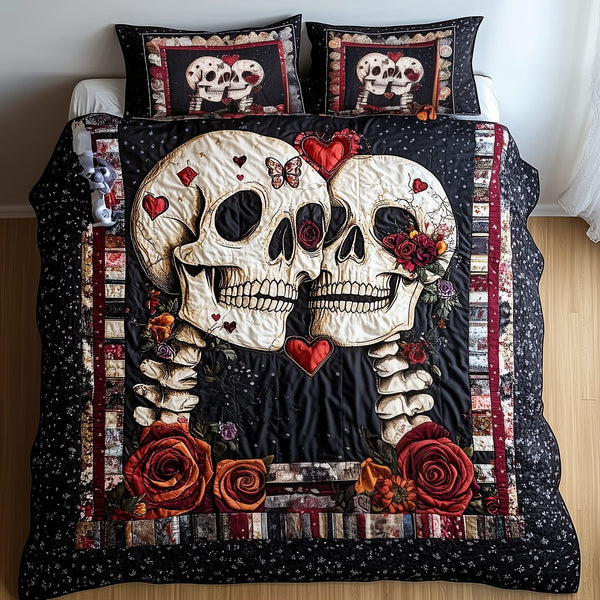 Skull Couple quilted 3-piece bedding set on a made bed against a dark styled interior
