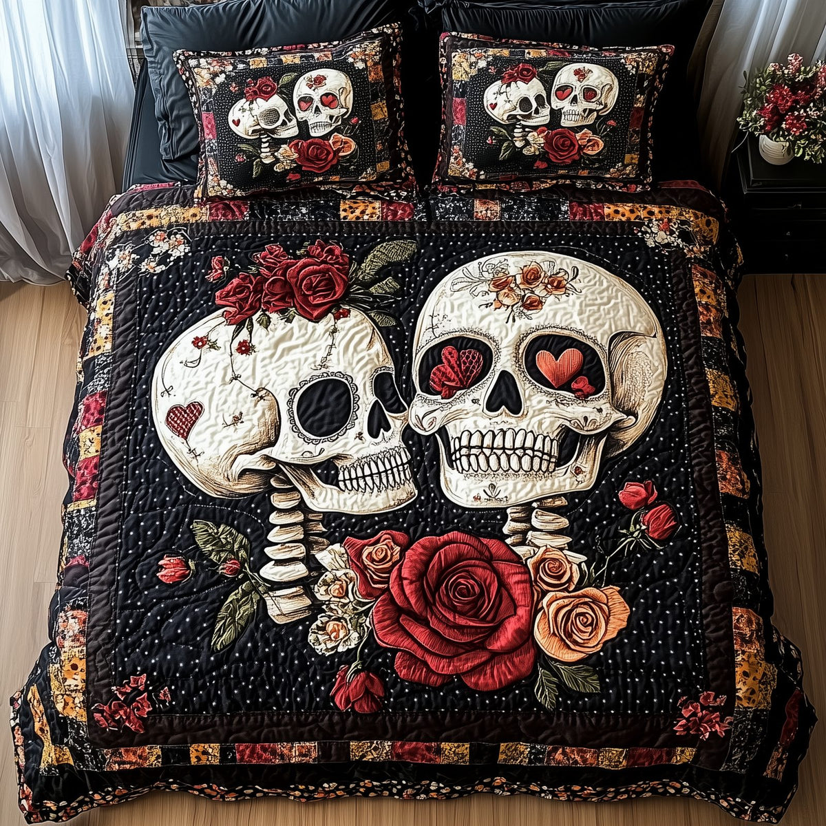Skull Couple quilted 3-piece bedding set on a made bed against a dark styled interior