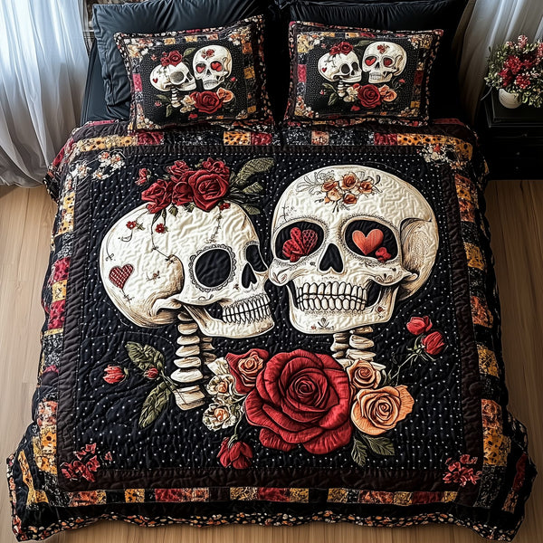 Skull Couple quilted 3-piece bedding set on a made bed against a dark styled interior