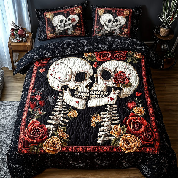 Skull Couple quilted 3-piece bedding set on a made bed against a dark styled interior