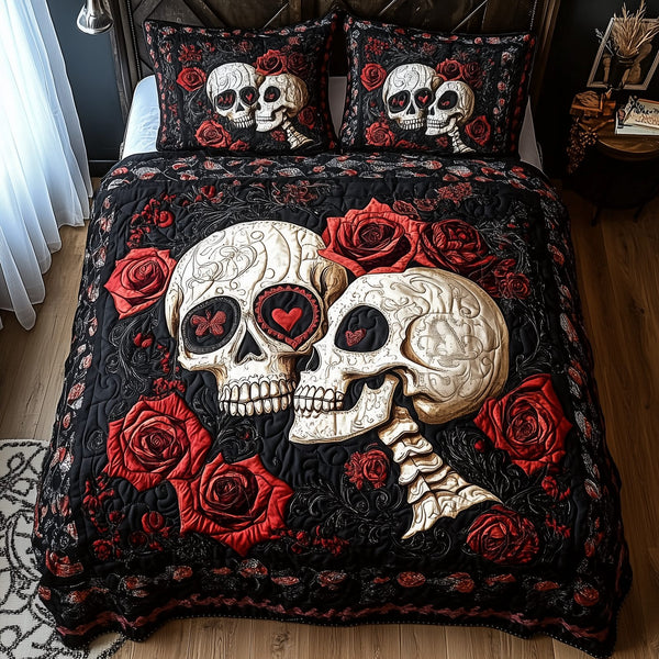 Skull Couple quilted 3-piece bedding set on a made bed against a dark styled interior