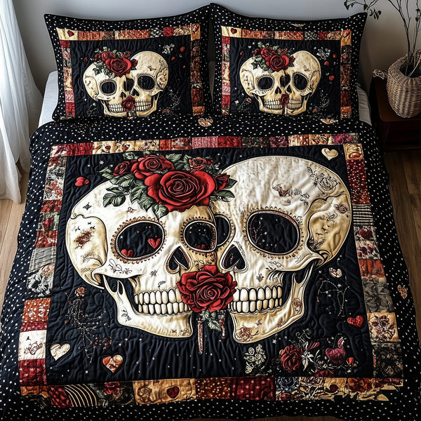 Skull Couple quilted 3-piece bedding set on a made bed against a dark styled interior