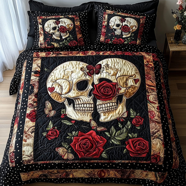 Skull Couple quilted 3-piece bedding set on a made bed against a dark styled interior