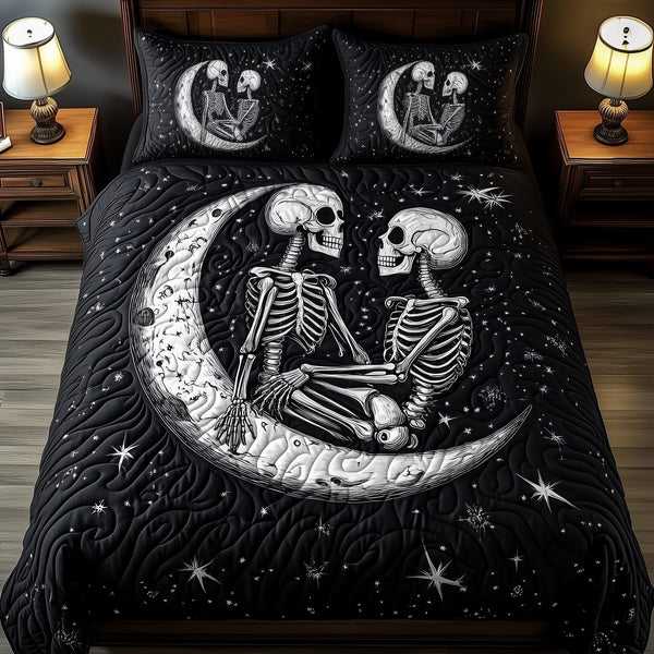 Skull Couple quilted 3-piece bedding set on a made bed against a dark styled interior