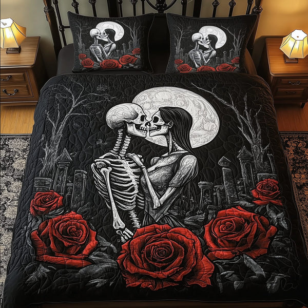 Skull Couple quilted 3-piece bedding set on a made bed against a dark styled interior