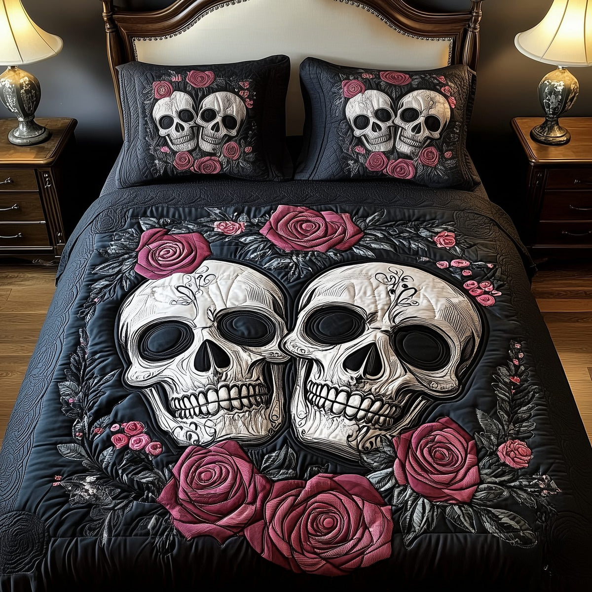 Skull Couple quilted 3-piece bedding set on a made bed against a dark styled interior