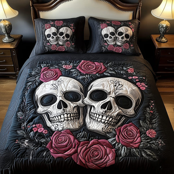 Skull Couple quilted 3-piece bedding set on a made bed against a dark styled interior