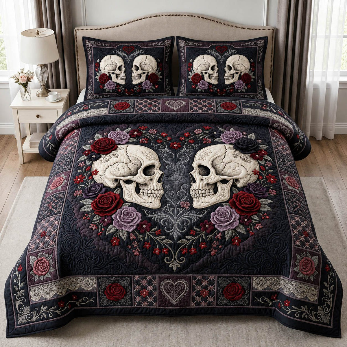 Skull Couple Rose quilted 3-piece bedding set on a made bed against a dark styled interior