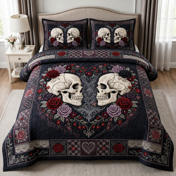 Skull Couple Rose quilted 3-piece bedding set on a made bed against a dark styled interior