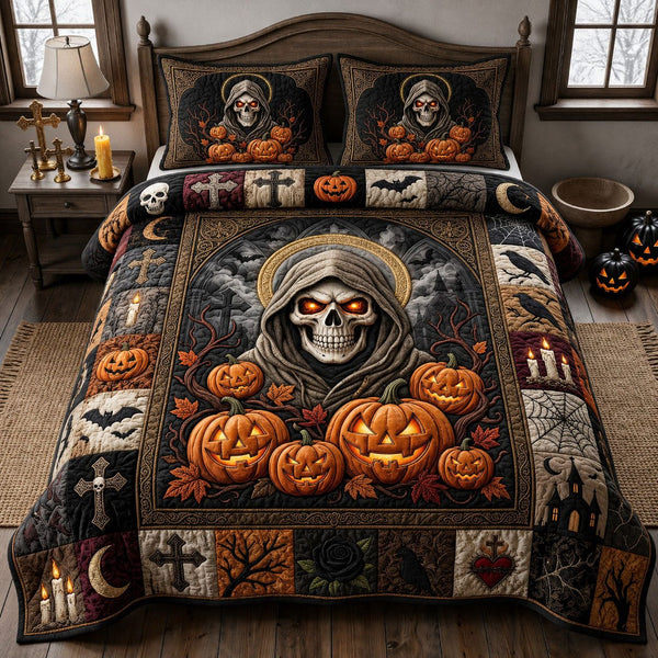 Skull Cross Pumpkin quilted 3-piece bedding set on a made bed against a dark styled interior