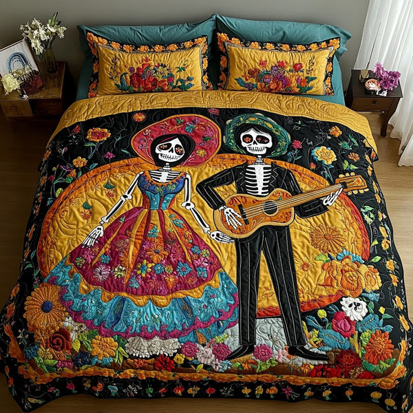 Skull Dance quilted 3-piece bedding set on a made bed against a dark styled interior