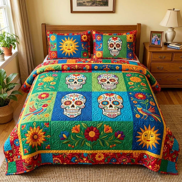 Skull Garden quilted 3-piece bedding set on a made bed against a dark styled interior