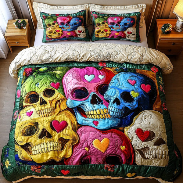 Skull Garden quilted 3-piece bedding set on a made bed against a dark styled interior