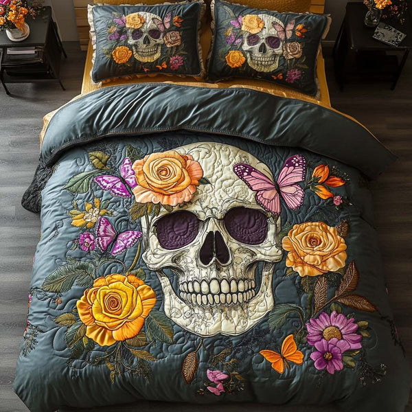 Skull Garden quilted 3-piece bedding set on a made bed against a dark styled interior
