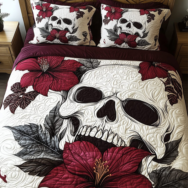 Skull Hibiscus quilted 3-piece bedding set on a made bed against a dark styled interior