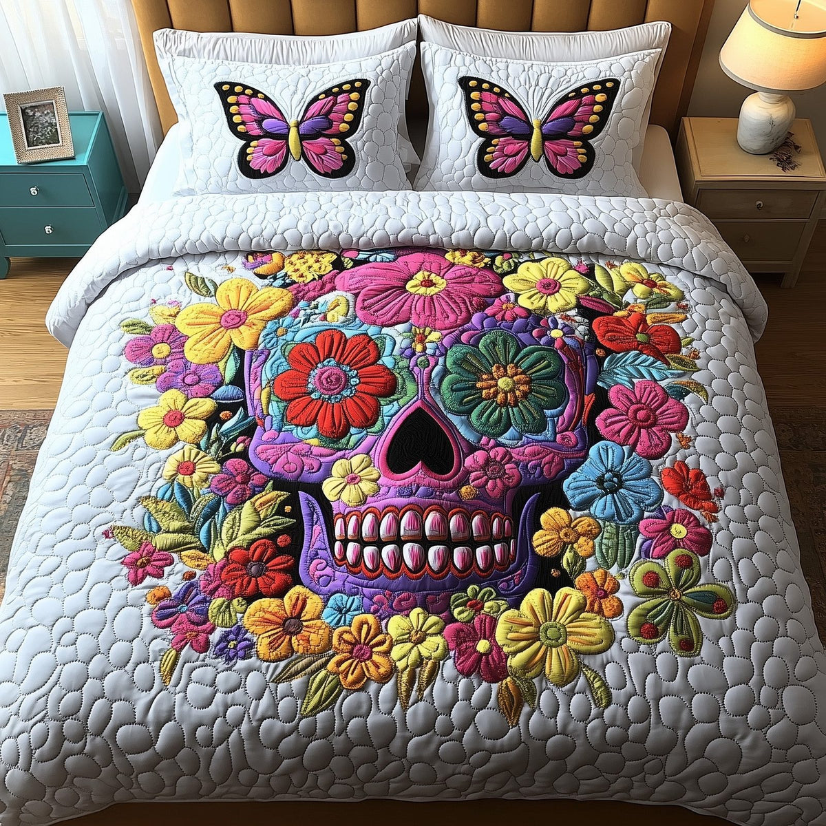 Skull in Bloom quilted 3-piece bedding set on a made bed against a dark styled interior