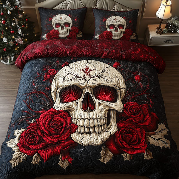 Skull in Blooming Roses quilted 3-piece bedding set on a made bed against a dark styled interior
