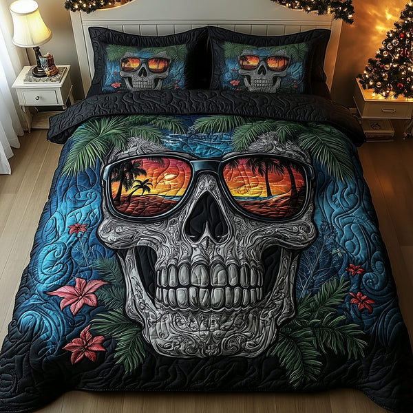 Skull Island quilted 3-piece bedding set on a made bed against a dark styled interior