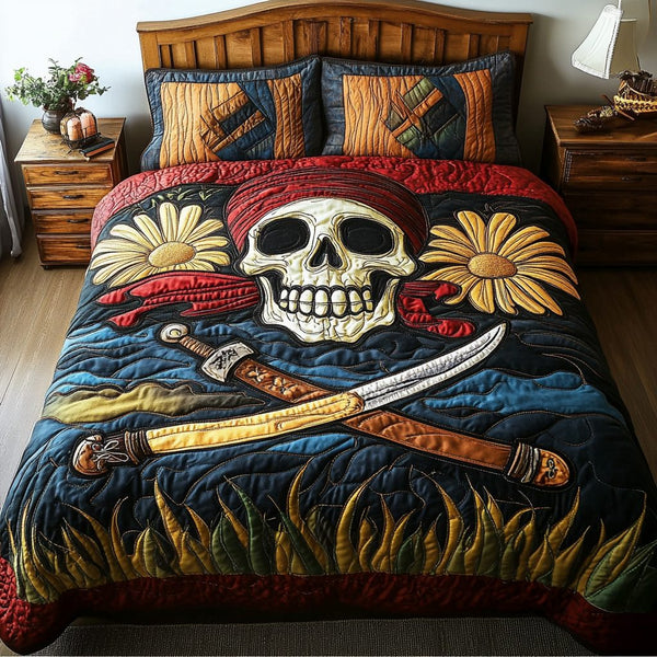 Skull King quilted 3-piece bedding set on a made bed against a dark styled interior