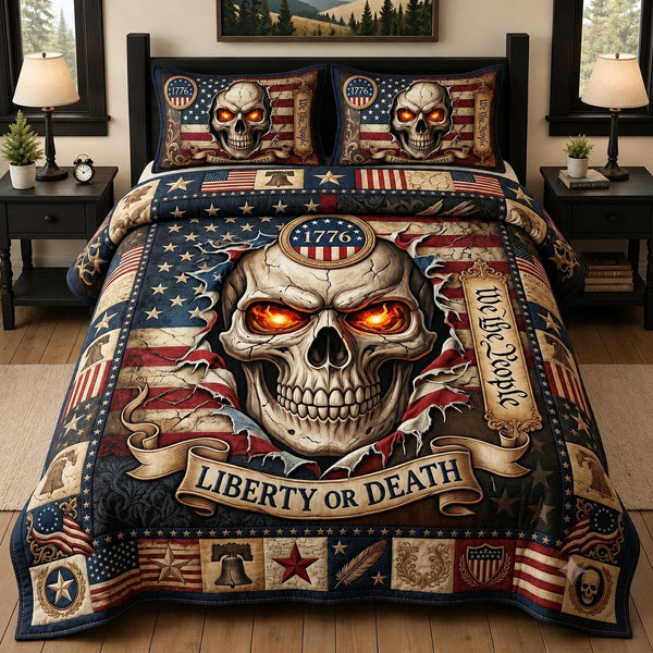 Skull Legacy quilted 3-piece bedding set on a made bed against a dark styled interior