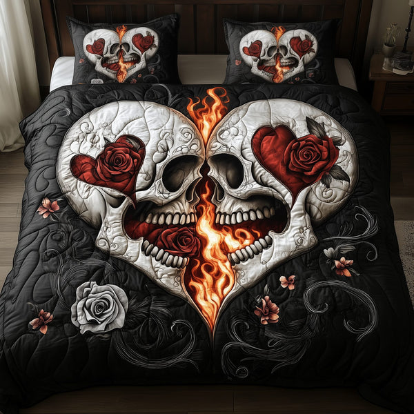 Skull Love quilted 3-piece bedding set on a made bed against a dark styled interior
