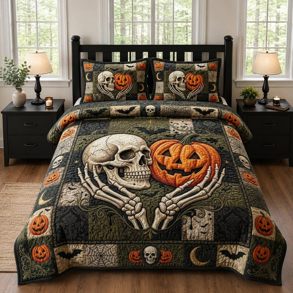Skull Majesty quilted 3-piece bedding set on a made bed against a dark styled interior