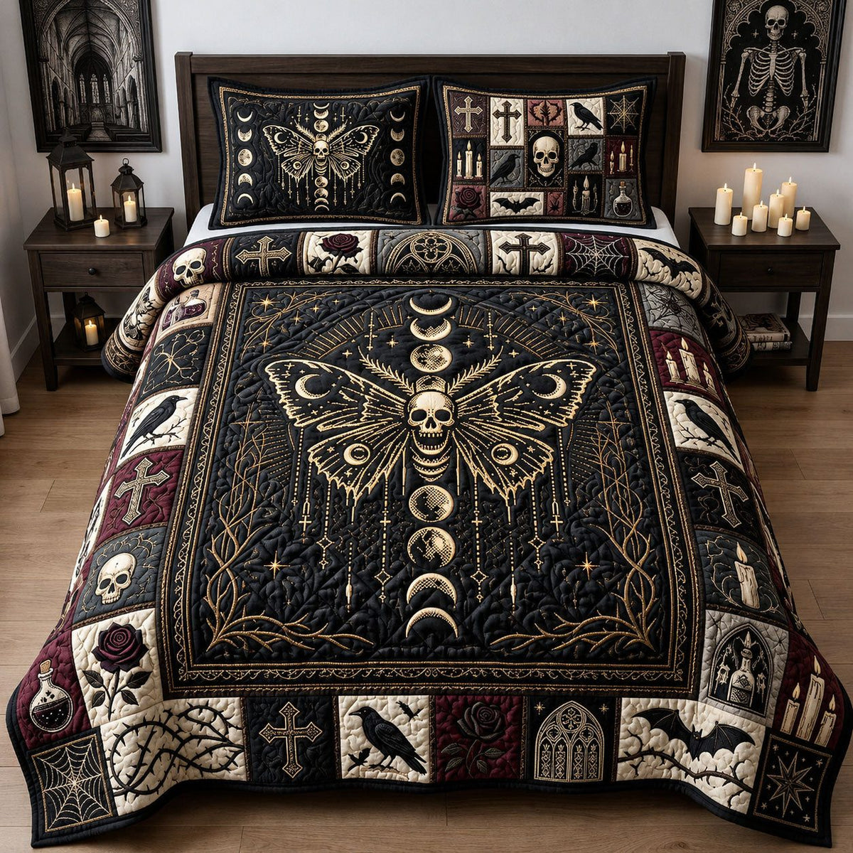 Skull Moth Cross quilted 3-piece bedding set on a made bed against a dark styled interior