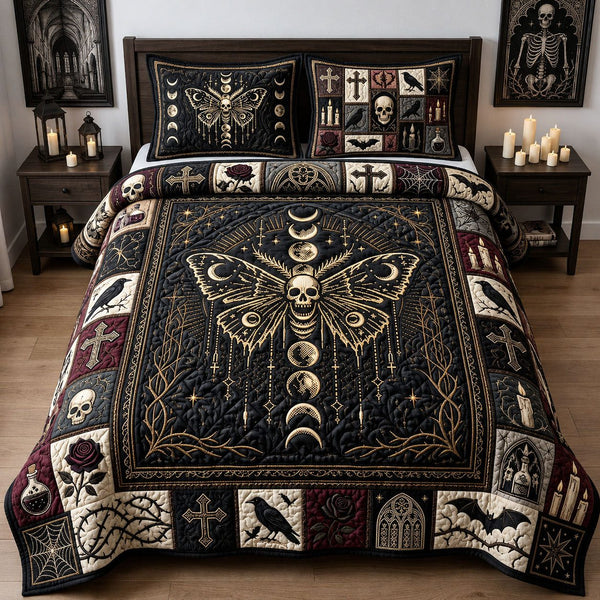 Skull Moth Cross quilted 3-piece bedding set on a made bed against a dark styled interior