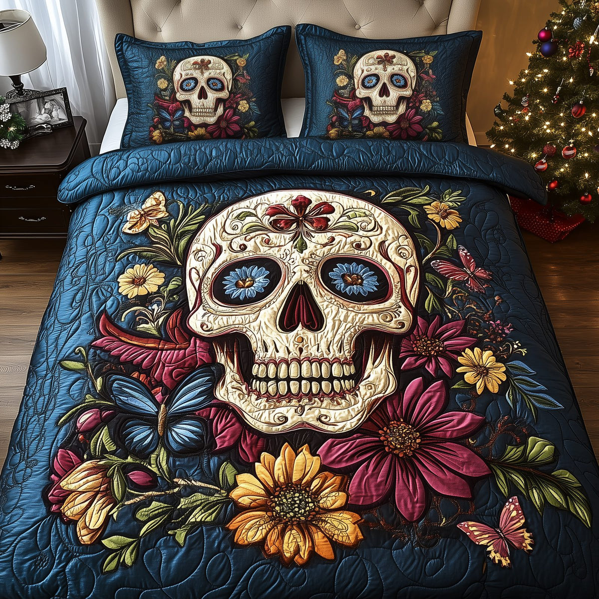 Skull of Colorful Life quilted 3-piece bedding set on a made bed against a dark styled interior