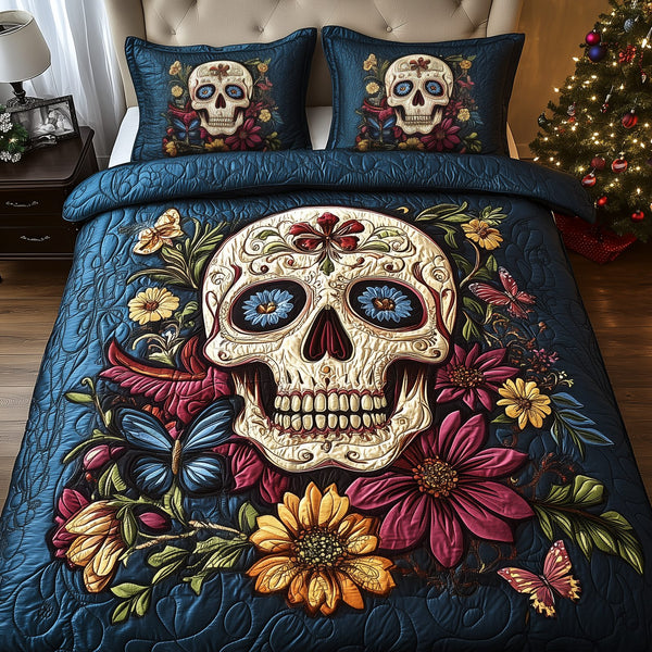 Skull of Colorful Life quilted 3-piece bedding set on a made bed against a dark styled interior