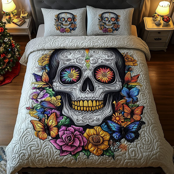 Skull of Colorful Life quilted 3-piece bedding set on a made bed against a dark styled interior