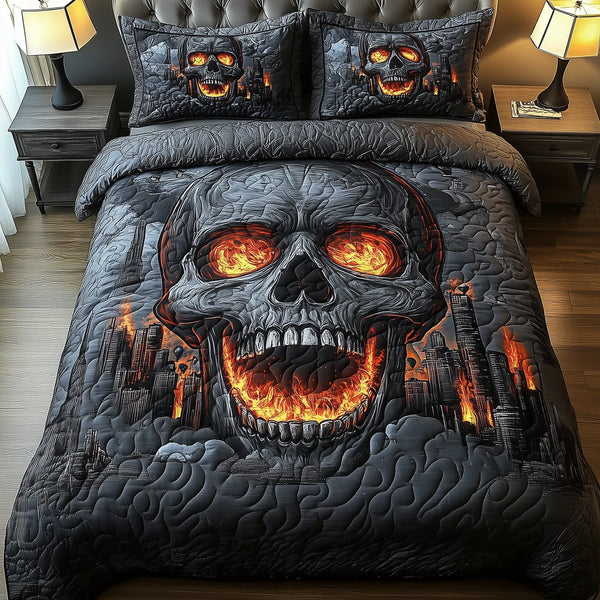 Skull On Fire quilted 3-piece bedding set on a made bed against a dark styled interior