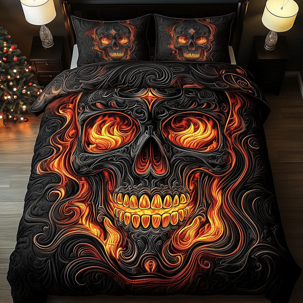 Skull On Fire quilted 3-piece bedding set on a made bed against a dark styled interior