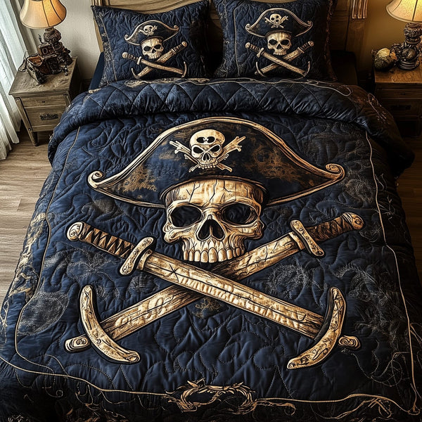 Skull Pirate quilted 3-piece bedding set on a made bed against a dark styled interior