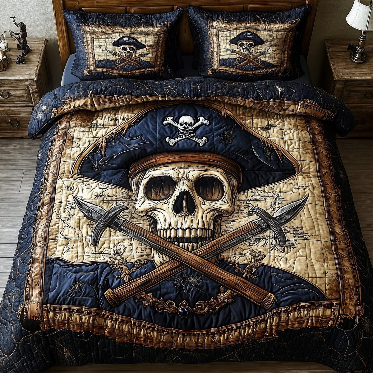 Skull Pirate quilted 3-piece bedding set on a made bed against a dark styled interior