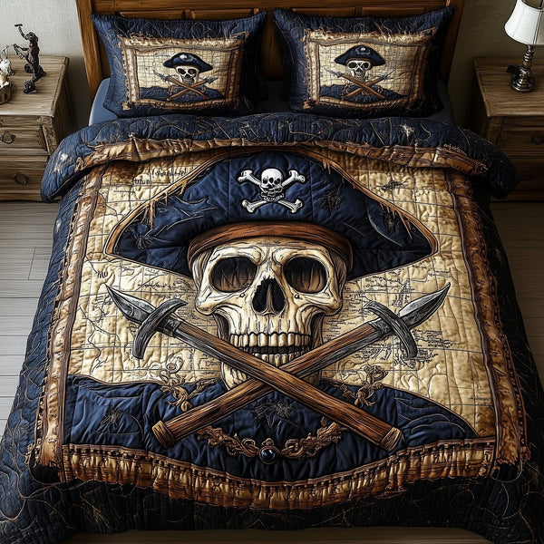 Skull Pirate quilted 3-piece bedding set on a made bed against a dark styled interior