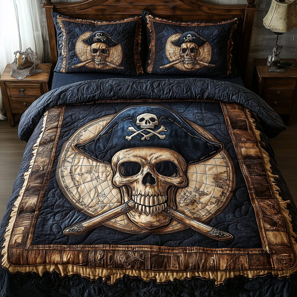 Skull Pirate quilted 3-piece bedding set on a made bed against a dark styled interior