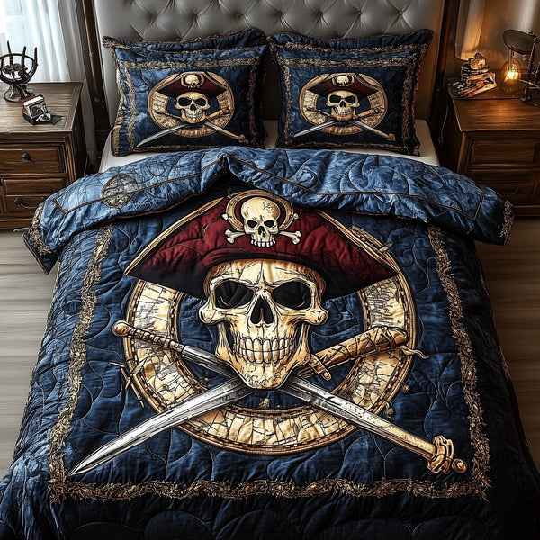 Skull Pirate quilted 3-piece bedding set on a made bed against a dark styled interior
